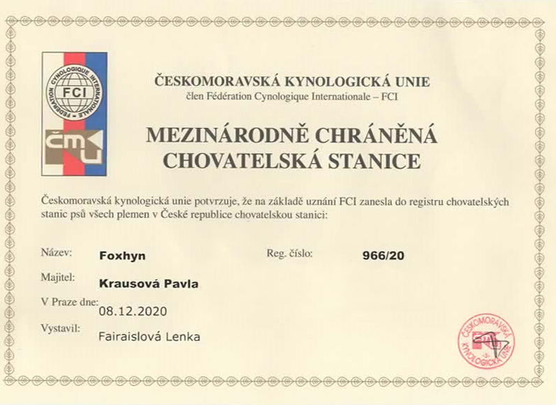 Certifikát chovatelské stanice Foxhyn